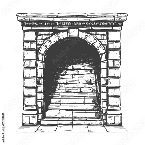 Hand-Drawn Stone Archway with Brick Staircase Descent