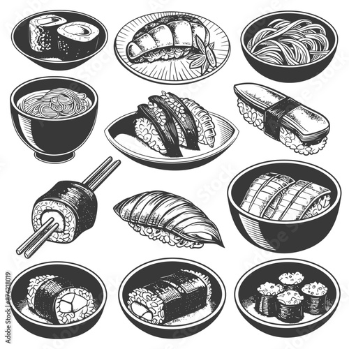 Hand-Drawn Vintage Illustration: Assorted Japanese Sushi & Noodle Dishes