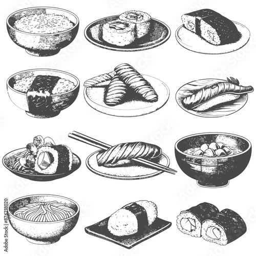 Hand-Drawn Vintage Japanese Cuisine: Sushi, Rice Bowls & More