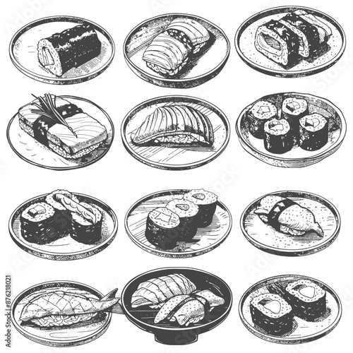 Hand-Drawn Sushi Assortment: Twelve Vintage-Style Illustrations