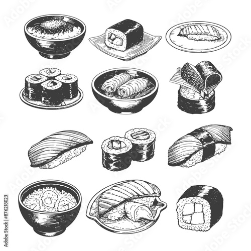 Hand-Drawn Japanese Cuisine: Sushi, Maki, and Miso Soup Collection