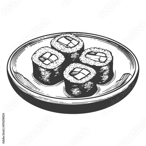 Hand-Drawn Sketch: Four Maki Sushi Rolls on Rustic Plate