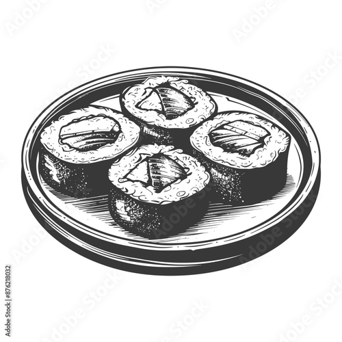 Hand-drawn Sketch: Four Maki Sushi Rolls on Rustic Plate