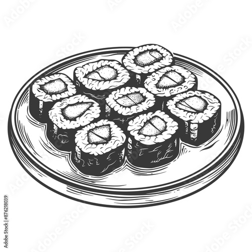 Hand-Drawn Vintage Illustration: Ten Maki Sushi Rolls on a Plate