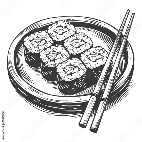 Hand-Drawn Sketch: Six Maki Sushi Rolls on Rustic Plate with Chopsticks