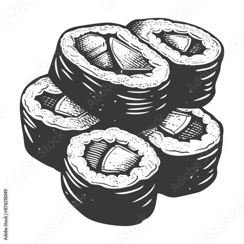 Hand-Drawn Vintage Style Sushi Rolls, Detailed Ink Sketch