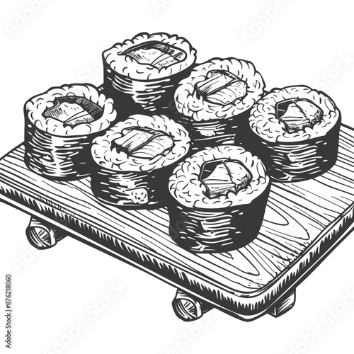 Hand-drawn Sketch: Six Pieces of Maki Sushi on Wooden Board
