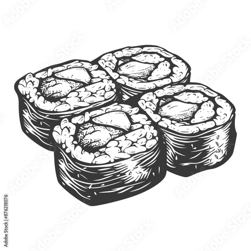 Hand-Drawn Sketch: Four Pieces of Exquisite Sushi Rolls