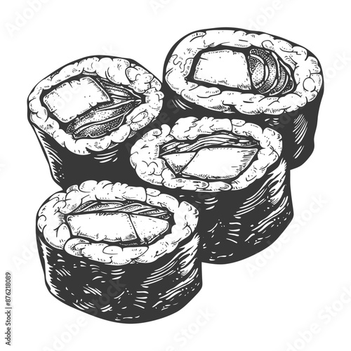 Hand-Drawn Sketch: Four Pieces of Maki Sushi with Visible Filling