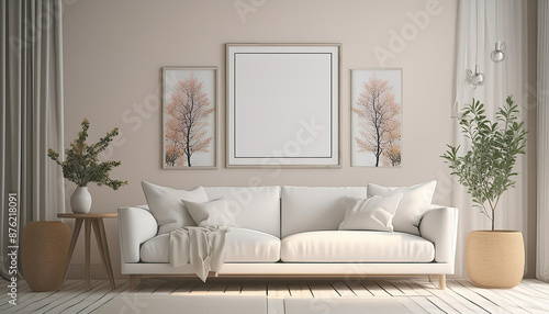 Mockup poster frame on the wall, a white sofa in Scandinavian Livingroom.