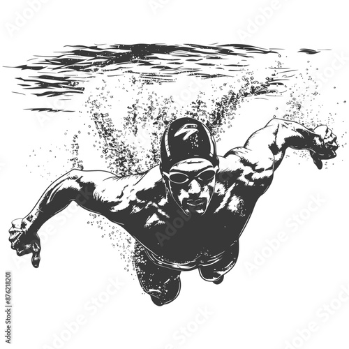 Monochrome Illustration: Competitive Swimmer's Underwater Glide