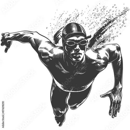 Black and white illustration of a male swimmer in a swim cap and goggles, freestyle swimming with a determined expression on his face, water splashing around him.