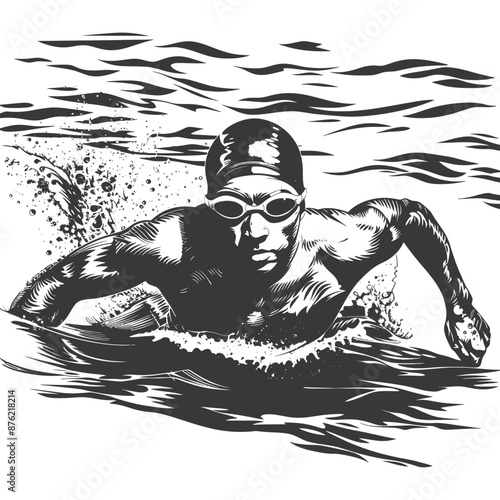 Black and white illustration of a determined swimmer cutting through the water's surface with power and grace.