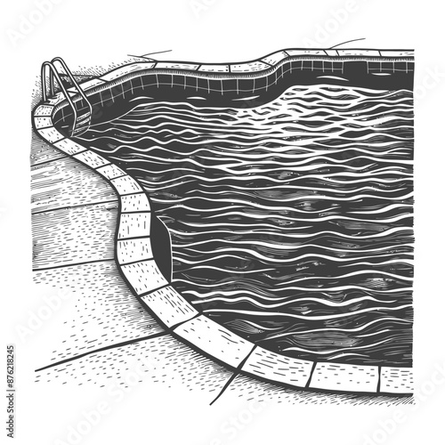 Detailed black and white line drawing of a backyard swimming pool with a diving board and tiled surround. photo