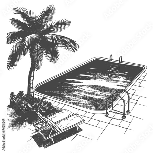 Minimalist Black and White Poolside Scene with Palm Tree and Lounge Chair