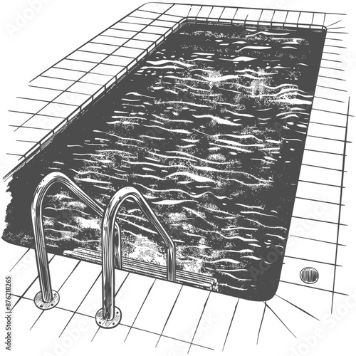 Minimalist black and white line art of a backyard swimming pool with ladder