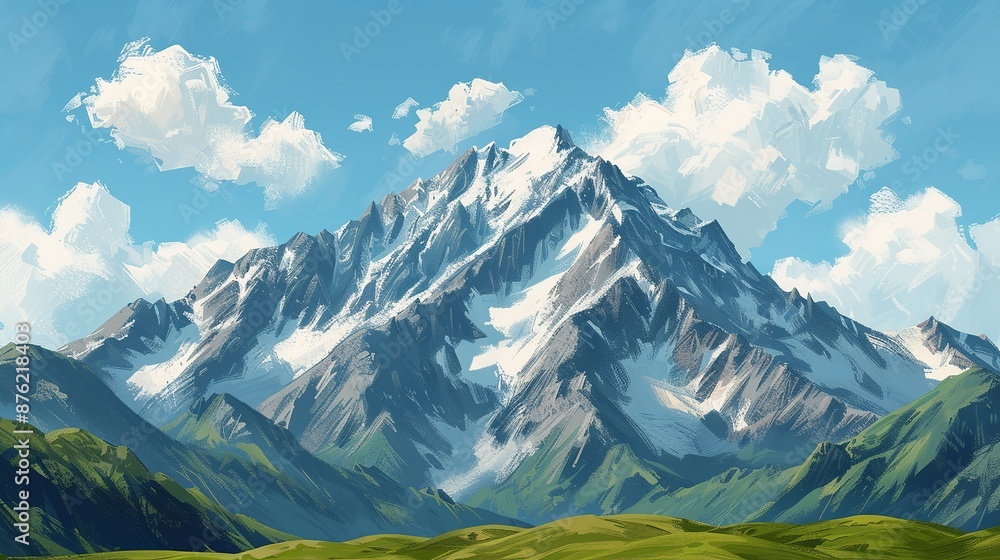 Fototapeta premium Illustrate expansive mountain vistas using nature plates, featuring majestic peaks, expansive valleys, and the breathtaking grandeur of natural landscapes. Clean and Clear Color, Realistic Photo, ,