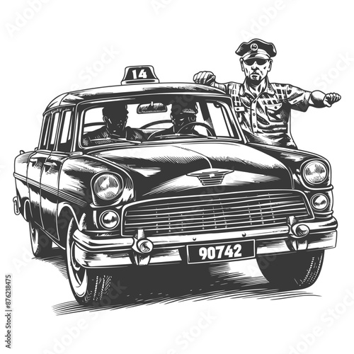 Vintage policeman directing traffic near a classic 1950s car