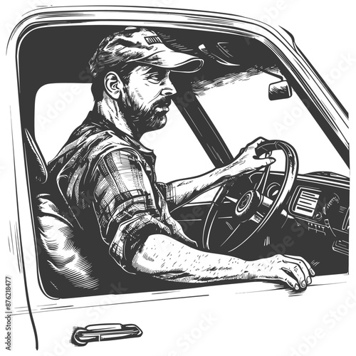 Pen drawing of a man in a cap driving a pickup truck