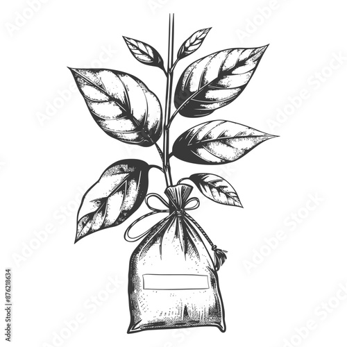 Detailed botanical illustration of a tea plant with a burlap sack of loose tea leaves tied to the stem.