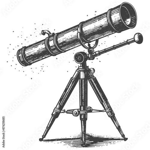 Vintage Engraved Illustration of a Telescope on Tripod for Observing Stars and Constellations
