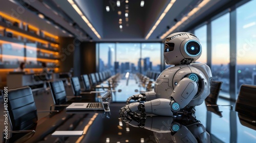 a boardroom meeting where a robot is giving a presentation to executives, symbolizing AI taking over high-level corporate jobs