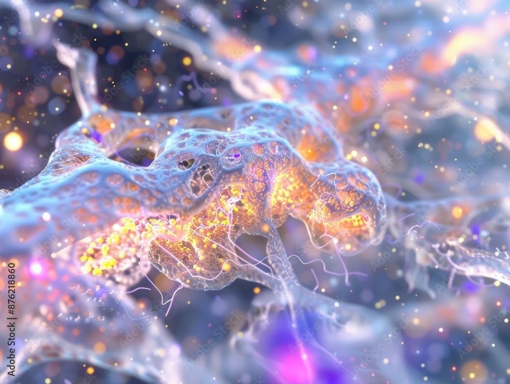 Abstract Biological Cell Structure with Glowing Particles, Intricate Network of Filaments and Membranes Abstract Biological Cell Structure with Glowing Particles, Intricate Network of Filaments and Membranes