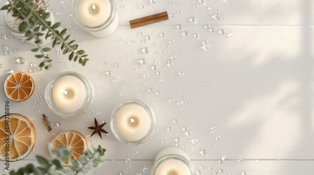 Fototapeta premium Scented Candles and Citrus Slices on a White Tabletop