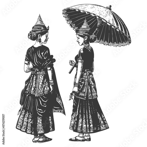 Thai women wearing Chut Thai with umbrella