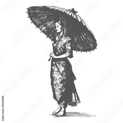Thai women wearing Chut Thai with umbrella
