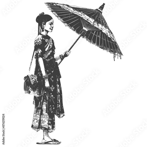 Thai women wearing Chut Thai with umbrella