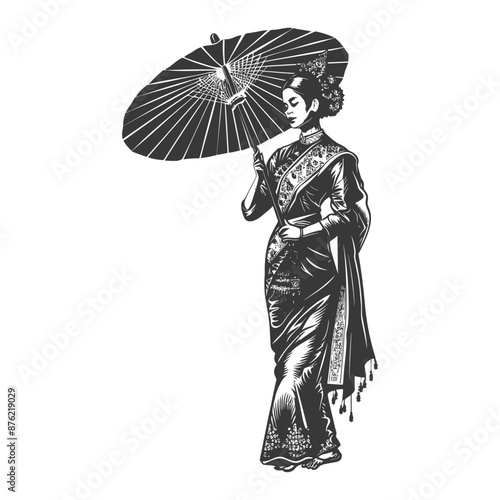 Thai women wearing Chut Thai with umbrella