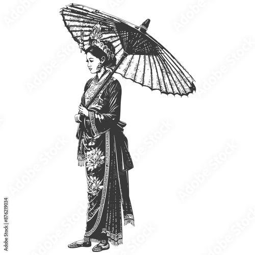Thai women wearing Chut Thai with umbrella