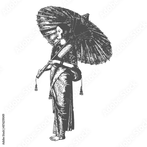 Thai women wearing Chut Thai with umbrella