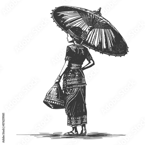 Thai women wearing Chut Thai with umbrella