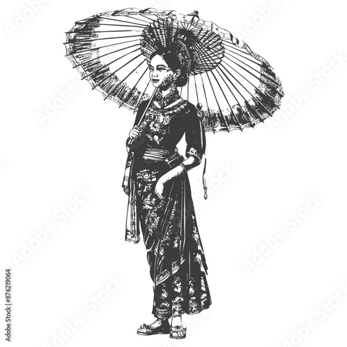 Thai women wearing Chut Thai with umbrella