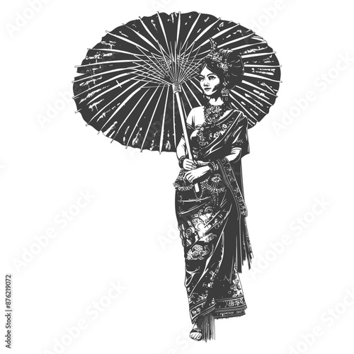 Thai women wearing Chut Thai with umbrella