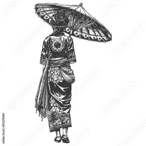Thai women wearing Chut Thai with umbrella