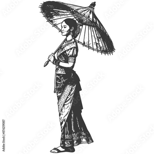 Thai women wearing Chut Thai with umbrella