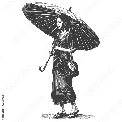 Thai women wearing Chut Thai with umbrella