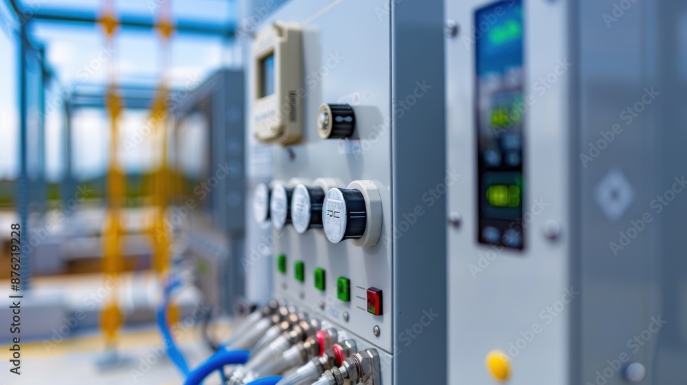 A row of electrical panels with red buttons on them A row of electrical panels with red buttons on them