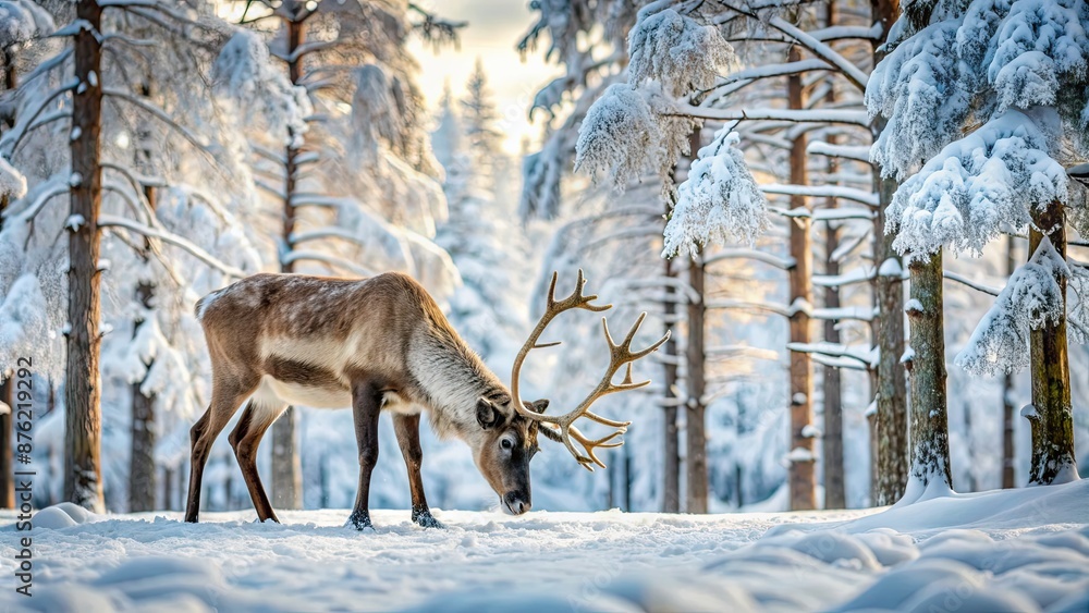 Reindeer grazing among snow covered trees in a winter forest , reindeer, snow, trees, winter, forest, wildlife, nature Reindeer grazing among snow covered trees in a winter forest , reindeer, snow, trees, winter, forest, wildlife, nature