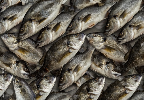 sea bass fish laid out in rows on a market stall