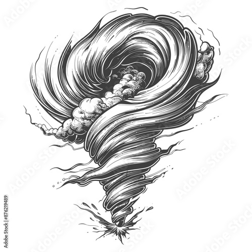 Black and white tornado illustration with debris