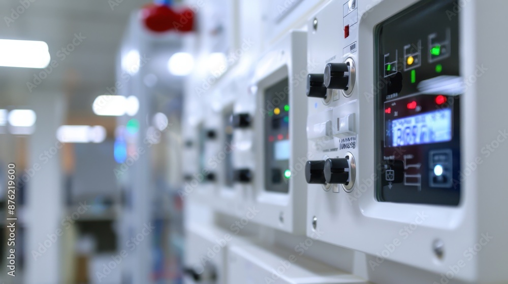 A row of electrical panels with red buttons on them A row of electrical panels with red buttons on them