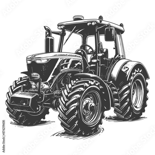 Black and white detailed illustration of a modern farm tractor