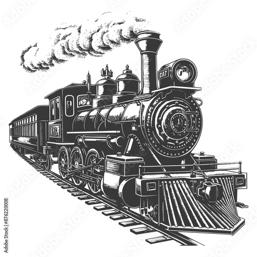 Detailed illustration of a vintage steam locomotive with passenger cars