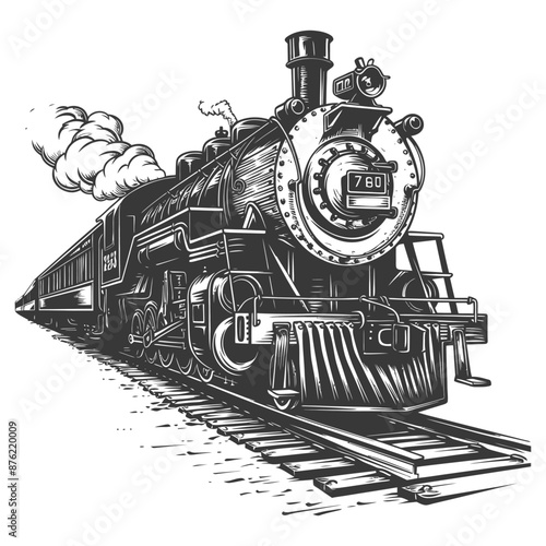 Vintage engraving of a steam locomotive train with smoke and tracks