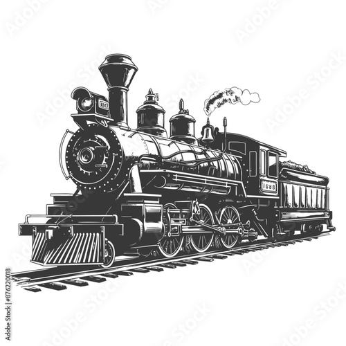Detailed illustration of a vintage steam locomotive with intricate details