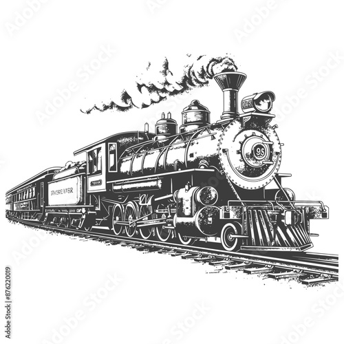 Detailed illustration of a vintage steam locomotive with passenger cars